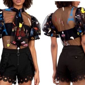 Sheer Blouse French Embroidered Black Top Puff Sleeve Avant Garde Bow Tie Neck S